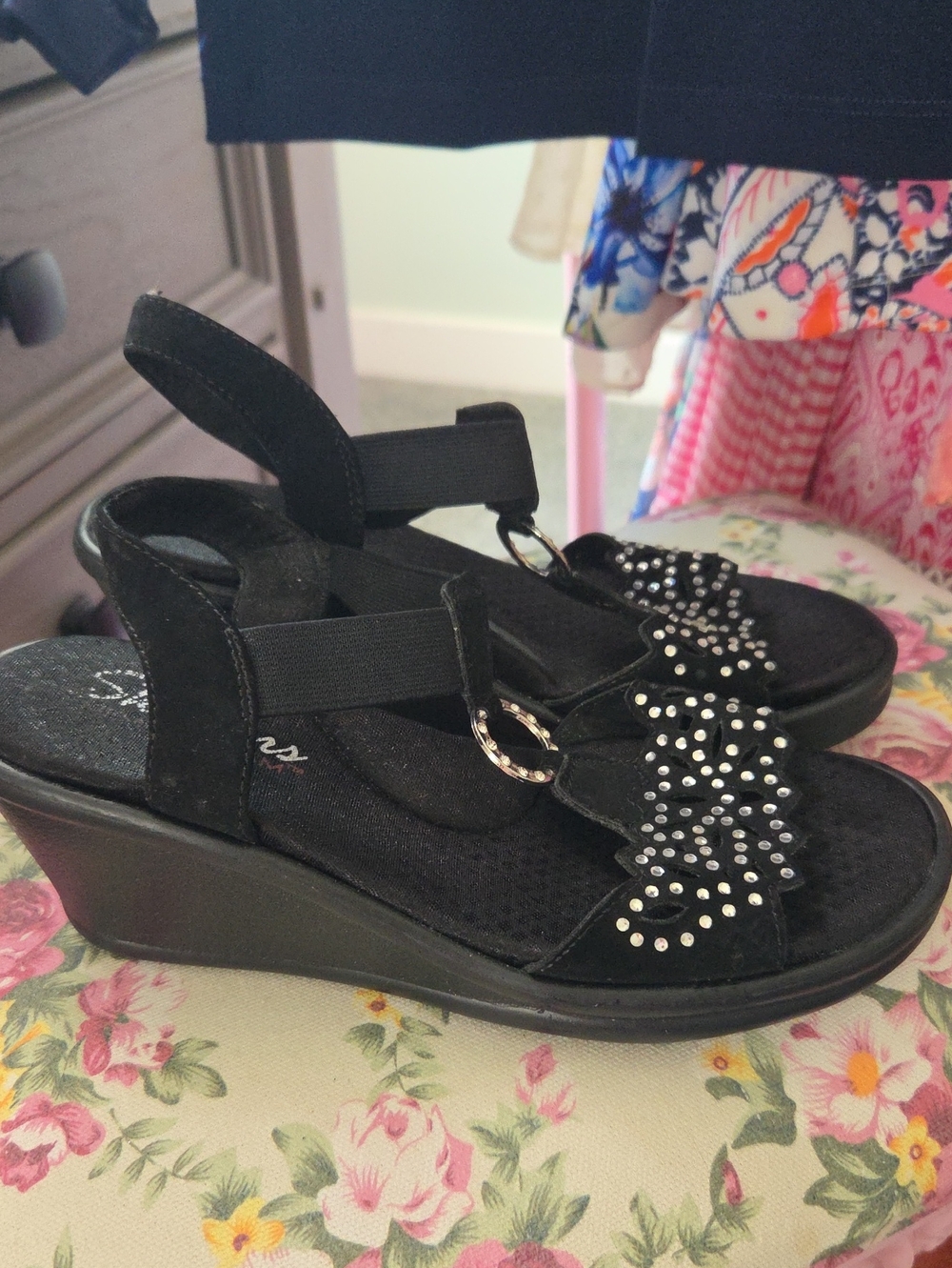 Skechers Black Wedge Sandals with Decorative Studs